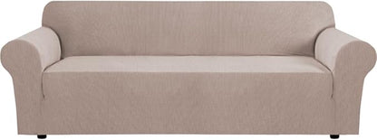 H.VERSAILTEX Stretch Couch Covers for Sofa 1 Piece Slipcovers for Couches and Sofas 3 Seater Couch Cover Feature Thick Checked Jacquard Fabric with Elastic Bottom(Large Sofa 90"-100" Wide, Sand)