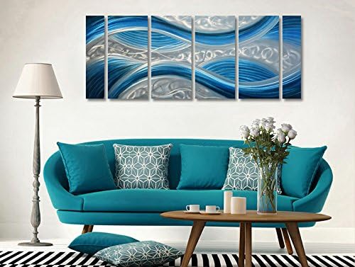 Handmade Abstract Metal Wall Art with Soft Color, Large Scale Decor in Blue Line Design Metal Art, 3D Artwork for Indoor Outdoor Wall Decorations, Decorative hanging in 6-Panels Measures 24"x 65"