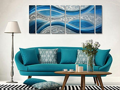 Handmade Abstract Metal Wall Art with Soft Color, Large Scale Decor in Blue Line Design Metal Art, 3D Artwork for Indoor Outdoor Wall Decorations, Decorative hanging in 6-Panels Measures 24"x 65"
