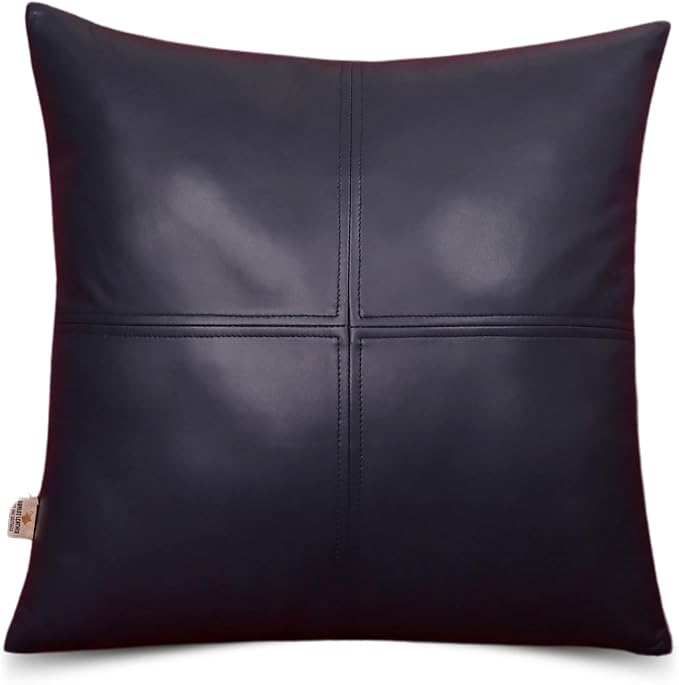 Lambskin Leather Pillow Cover, Hand Panel Stitched Leather Decorative Throw Pillow Covers for Couch Sofa Bed Living Room Garden (18x18 Inches, Gun Metal Blue Pack of 1)