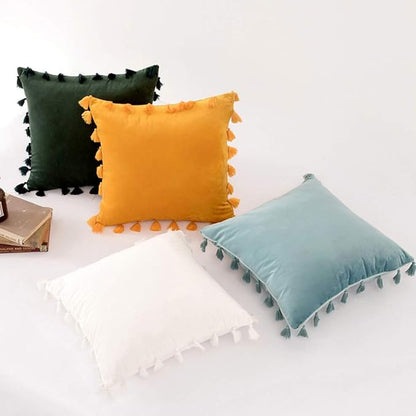 vctops Velvet Soft Solid Decorative Throw Pillow Cover with Tassels Boho Accent Cushion Case for Couch Bedroom Car Dark Green 18''x18''