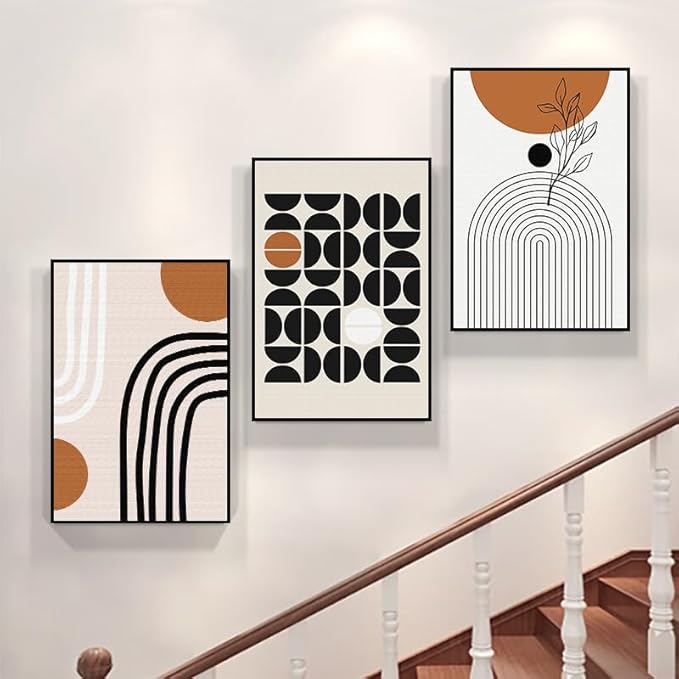 QKF Geometry Abstract Large Frame Canvas Wall Art Living Room Wall Decor Bohemian Black Brown Beige Line Modern Home Decorative Painting For living room Office Bedroom 3-piece Set 24 "X 32"