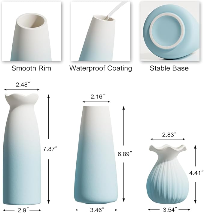 OERGKE 3-Pack Ceramic Vase with Painting Kit, Small vases for Flowers, Modern Rustic Boho Vases for Home Living Room Farmhouse Decor Dining Table Bedroom Table and Kitchen Shelf (Blue)