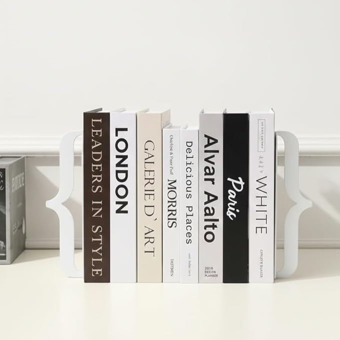 Decorative Bookends for Shelves - Modern Bracket Shaped Metal Book Ends for Home Office Decor, Unique Minimalist Desk Accessories & Gift (Black)