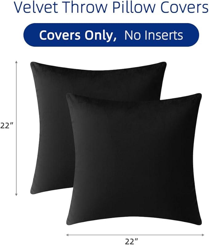 QUORGVES Black Velvet Pillow Covers 22x22 Inch Set of 2, Soft Solid Decorative Square Throw Pillow Covers, Decor Cushion Covers for Bed Sofa Couch Bedroom Living Room