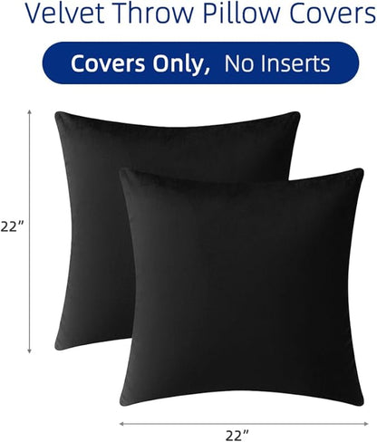 QUORGVES Black Velvet Pillow Covers 22x22 Inch Set of 2, Soft Solid Decorative Square Throw Pillow Covers, Decor Cushion Covers for Bed Sofa Couch Bedroom Living Room