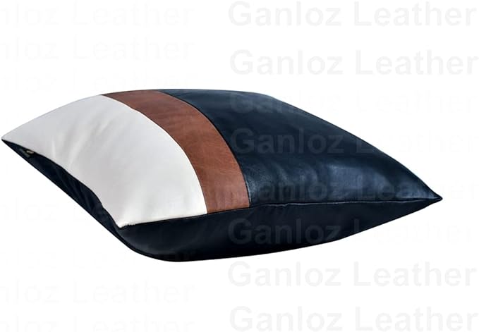 Lambskin Leather Pillow Cover - Sofa Cushion Case - Decorative Throw Covers for Living Room & Bedroom, 20x20 Inches - Black & Tan Pack of 1