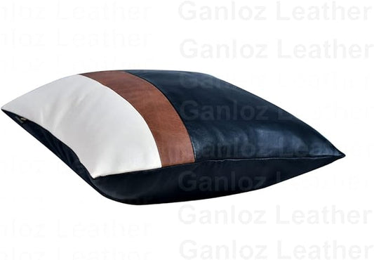 Lambskin Leather Pillow Cover - Sofa Cushion Case - Decorative Throw Covers for Living Room & Bedroom, 20x20 Inches - Black & Tan Pack of 1
