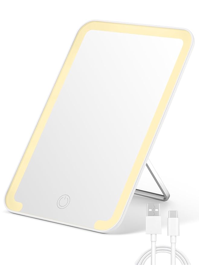 OMIRO Lighted Travel Makeup Mirror, 8 x 5 inches Desk Mirror with Foldable Stand and 3 Lighting Modes for Shaving and Travelling, White