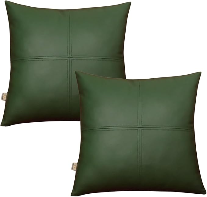Lambskin Leather Pillow Cover, Hand Panel Stitched Leather Decorative Throw Pillow Covers for Couch Sofa Bed Living Room Garden (16x16 Inches, Dark Green Pack of 2)