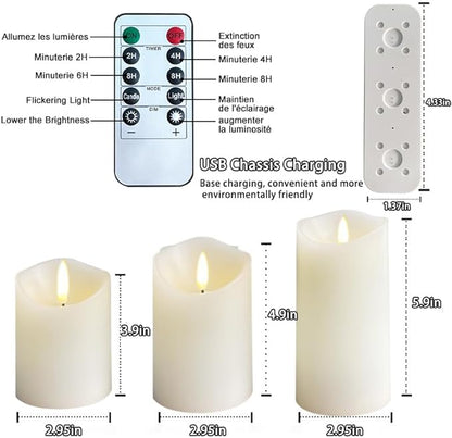 Rechargeable Flameless Candle, Flashing LED Pillar Real Wax Candle with Remote Control and Timer,Decorative Electronic Candles, 1 Set of 3