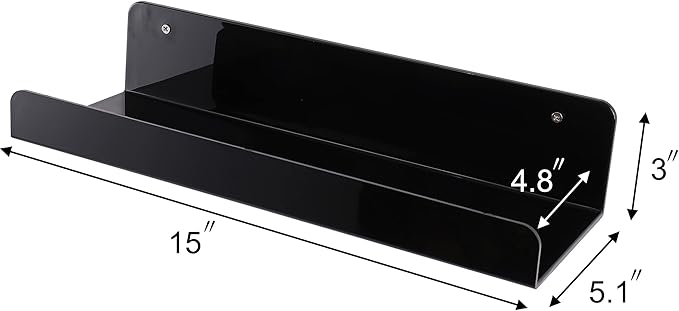 Sooyee 6 Pack Black Floating Shelves, 15 Inch Acrylic Shelves, Wall Mounted Bookshelf, Invisible Picture Ledge Display Shelves