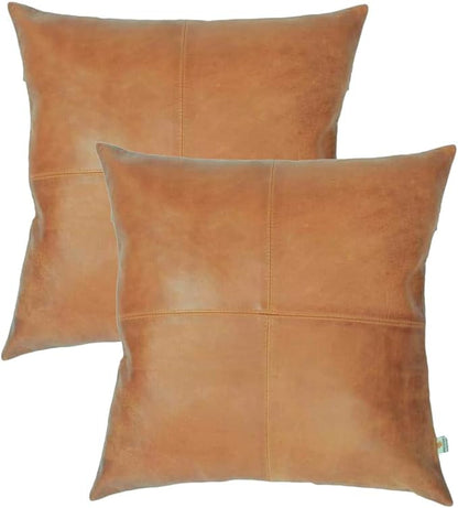 LL LEATHER LOVERS Lambskin Leather Pillow Cover - Sofa Cushion Case - Decorative Throw Covers for Living Room & Bedroom, 14x14 Inches - Gold Beige Plain Pack of 2