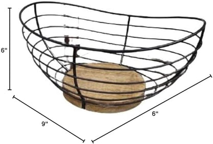Modern Farmhouse Fruit Basket for Kitchen Counter, Vintage Wire and Wooden Base Fruit Bowl for Kitchen Decor, Fruit & Vegetables Storage Basket/Bowl