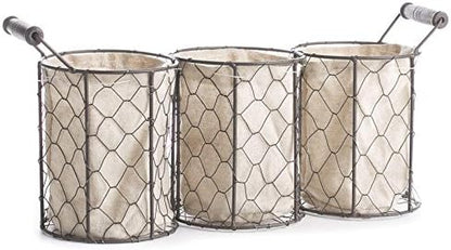 Factory Direct Craft Versatile Brown Chicken Wire Triple Basket with Natural Linen Liner. Use The Small Basket as Cottage, Coastal or Farmhouse Home Decor Organizer.