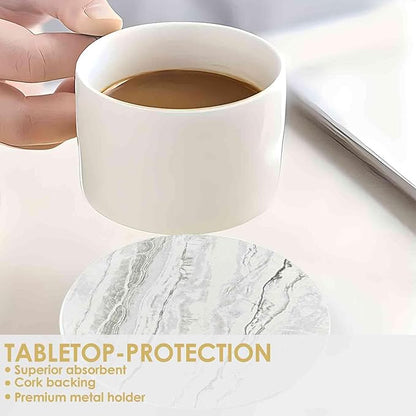 Drink Coasters with Holder 6 Pack, Ceramic Marble Style, Absorbent Abstract Coasters Set, 4in Cup Mat for Any Cups, Home, Living Room Decor, Tabletop-Protection for Coffee Beverage-Beige