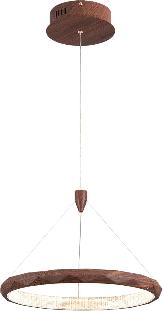 HEYAN 15.8" Farmhouse Pendant Light in Walnut Wood Finish, Light Fixtures Over Table，Original Design Angled-Facet Ring Kitchen Island Lighting for Dining Room Table Coffee Bar Counter