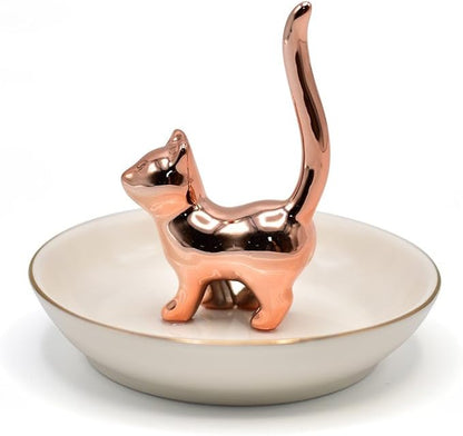 Cat Ring Holder Trinket Tray Ceramic Jewelry Dish Porcelain Ring Organizer Gift for Women, Girlfriend or Valentine's Day (Rose gold-2)