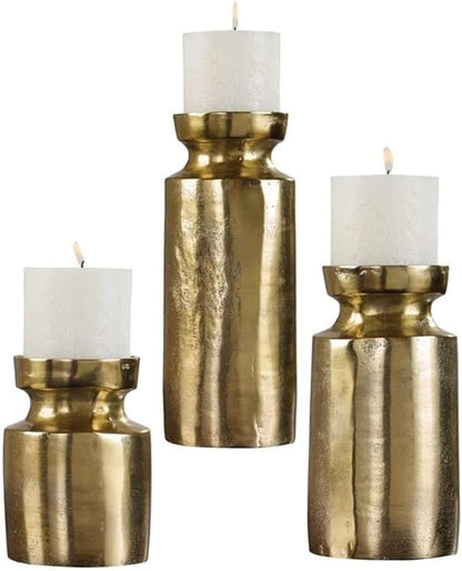 Bowery Hill Modern Candleholder Set, Cast Aluminum with Antique Brass Finish, Includes 3 White Candles, Textured Design, Decorative Candle Holders for Home Décor or Living Room Display