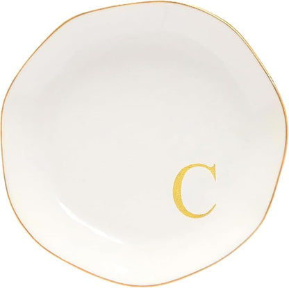 Ceramic Jewelry Tray Initial Ring Dish Personalized C-Monogrammed Engagement Wedding Gifts, for Birthday Mother's Day Christmas for Women, Ceramic White 4.75" (C)