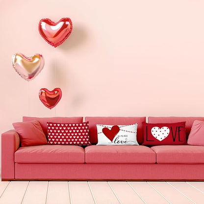 GEEORY Valentines Day Pillow Covers 12 x 20 inch Set of 4 for Valentines Day Decor Red White Stripes Dots Love Heart Throw Pillows Decorative Cushion Cases Valentine Decorations G194-12