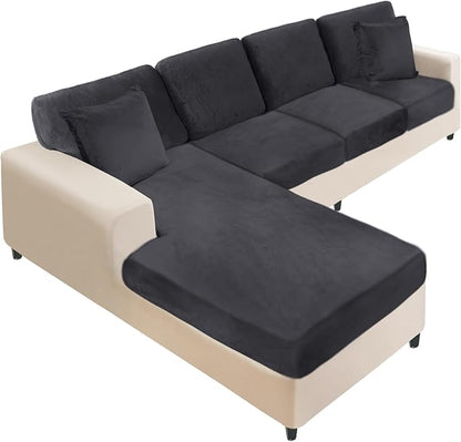 NAISI Sectional Couch Covers 8 Pieces Velvet Couch Cushion Covers L Shape Soft Stretch Sofa Slipcovers with 2pcs Pillowcases for Left/Right Chaise Sectional Couch(3 Seater+1 Chaise+4 Back,Black)