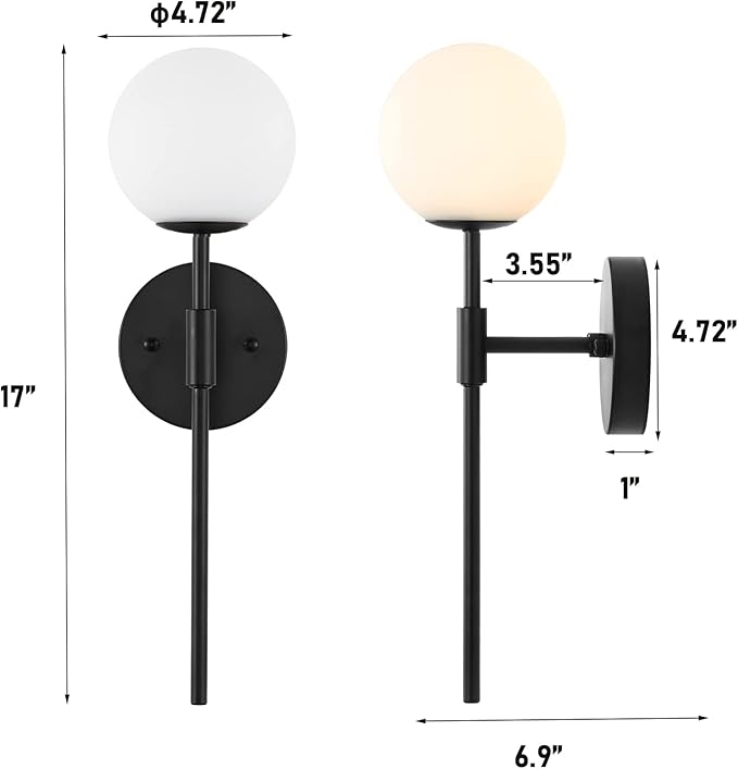 Mid Century Modern Wall Lamp 2 Pack with White Globe Glass Shades Matte Black Wall Sconce Bathroom Vanity Lighting Industrial Farmhouse Wall Light Fixtures for Mirror Bedroom Living Room