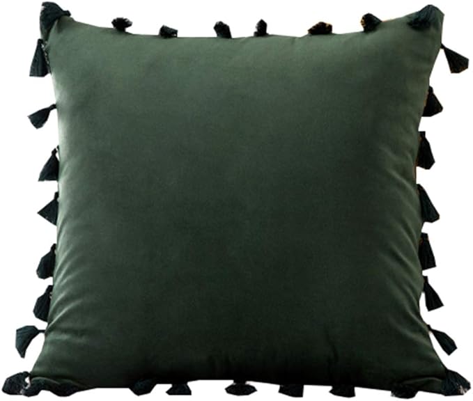 vctops Velvet Soft Solid Decorative Throw Pillow Cover with Tassels Boho Accent Cushion Case for Couch Bedroom Car Dark Green 18''x18''