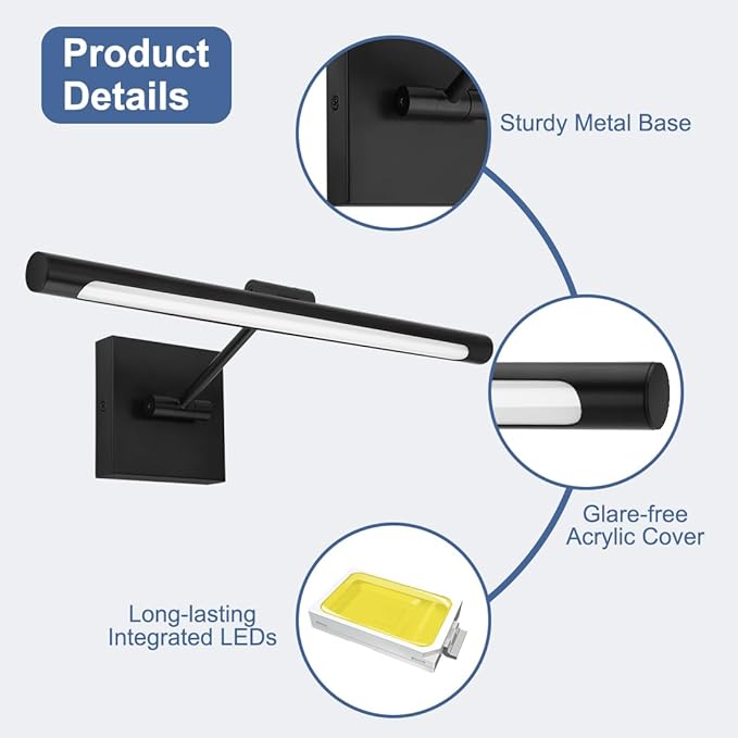 LED Picture Light for Paintings, Black Adjustable Art Light for Wall, 16.54inch 9W LED Wall Sconces Wall Light for Display Art Work, Dimmable Hardwired 3000K Warm White CRI90+