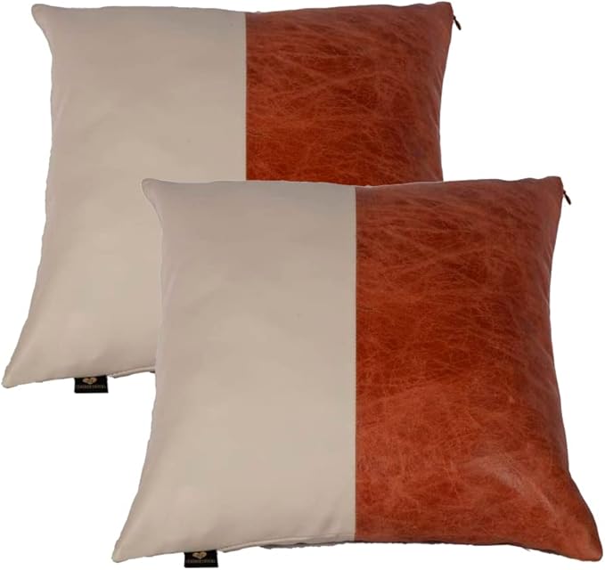 LL LEATHER LOVERS Lambskin Leather Pillow Cover - Sofa Cushion Case - Decorative Throw Covers for Living Room & Bedroom, 20x20 Inches - Tan & Beaige Pack of 2