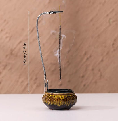 Incense Burner with Calabash Incense Stick Holder - Porcelain Charcoal Censer for Use with Resin Granular Powder Cone or Coil Incense (Fambe Yellow)