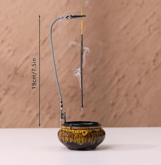 Incense Burner with Calabash Incense Stick Holder - Porcelain Charcoal Censer for Use with Resin Granular Powder Cone or Coil Incense (Fambe Yellow)