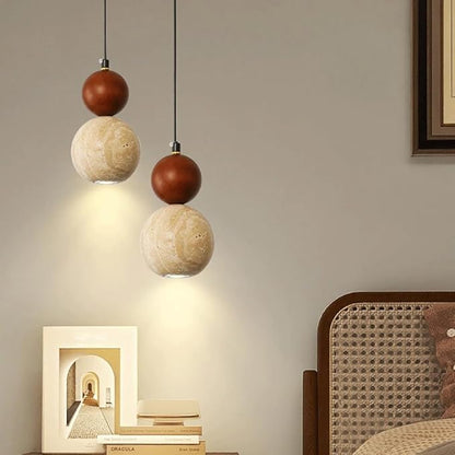 Modern Minimalist Nordic Lighting Fixture Spherical Travertine Walnut Wood Pendant Light Adjustable Hanging Lamp for Bedroom Bedside Dining Room Study