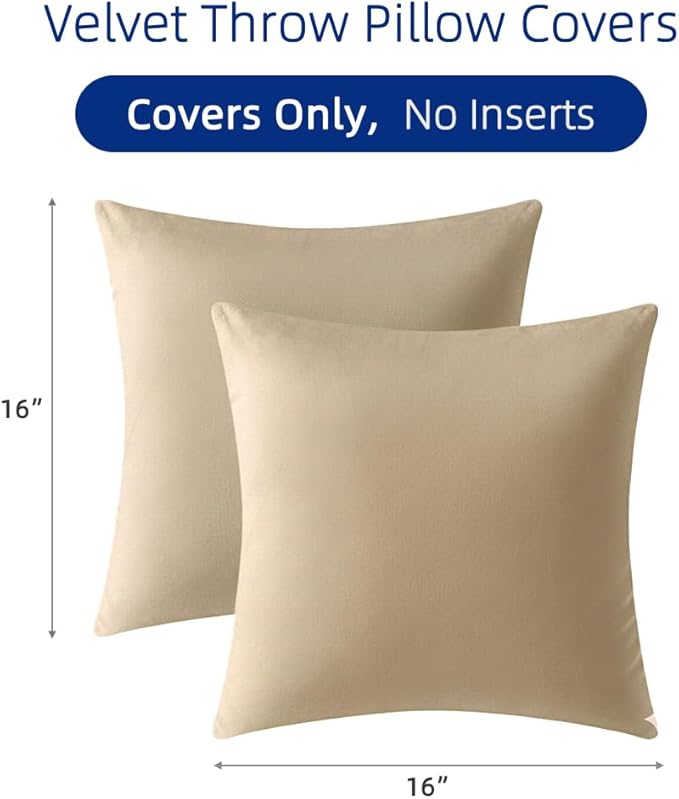 QUORGVES Beige Velvet Pillow Covers 16x16 Inch Set of 2, Soft Solid Decorative Square Throw Pillow Covers, Decor Cushion Covers for Bed Sofa Couch Bedroom Living Room