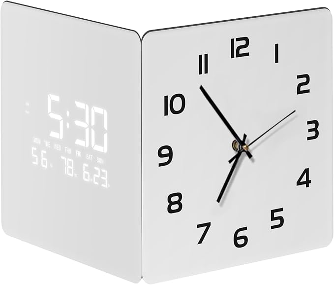Electric Digital Corner Wall Clock Large Display Temperature 12/24H White Smart Clocks Silent Analog Battery Operated Square Modern Clock with Night Light for Living Room Kitchen Decor 12 Inch
