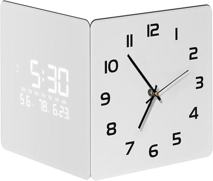 Electric Digital Corner Wall Clock Large Display Temperature 12/24H White Smart Clocks Silent Analog Battery Operated Square Modern Clock with Night Light for Living Room Kitchen Decor 12 Inch