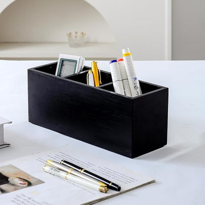 Wood Pens Pencils Holder Cup for Desk Remote Control Holder, Caddy, Organizer, Desktop Storage with 3 Compartments, Makeup Brush Holder, Silverware Caddy for Party, Office Supplies (Black)