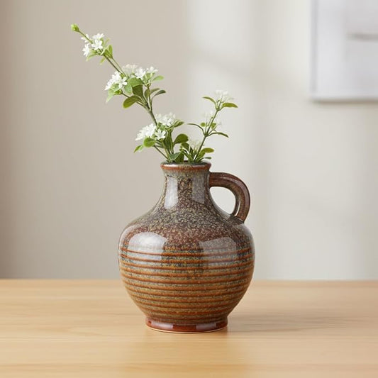Sunddo Brown Ceramic Vase 6 Inch - Small Rustic Decorative Vase with 1 Handle, Rustic Farmhouse Decor, Bedroom, Bathroom, Bookshelf, Mantel, Coffee Table Decor