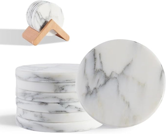 BCS Marble Coasters Set of 6 with Holder - Premium White Stone Drink Coasters, Durable Cup Mats for Coffee, Beer, Wine - Non-Slip Modern Table Decor for Home, Office, Dining