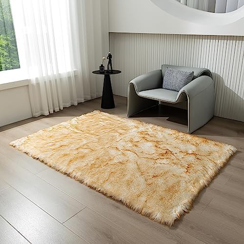 Fluffy Faux Fur Rug White Yellow Sheepskin Area Rug,4x6 Ft Ultra Soft Shaggy Plush Rug for Bedroom Bedside Living Room Nursery Kids Room