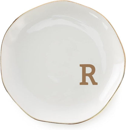 Initials Ring Dish Jewery Tray with Personalized R-Monogrammed Gifts Wedding Engagement for Women Friends Sister,Ceramic White