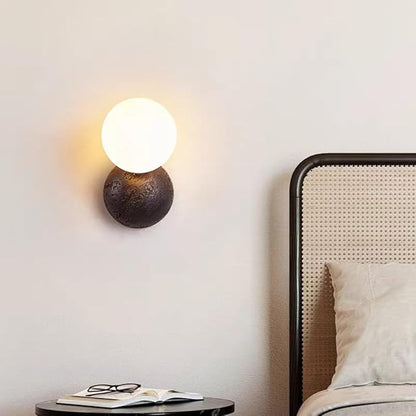 Modern Black Travertine Wall Sconce Glass Globe Shade Nordic Minimalist Wall Lamp Natural Volcanic Stone Sphere Wall Light for Bedside Hallway Home Decor Lighting
