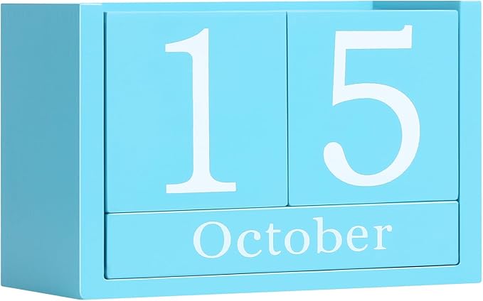 Wooden Block Calendar for Desk, Large Size Daily Desktop Perpetual Desk Calendar, Cute Date Display Desk Accessories for Home Office Decor, Teacher, Classroom, Reusable Yearly, Blue