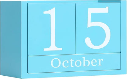 Wooden Block Calendar for Desk, Large Size Daily Desktop Perpetual Desk Calendar, Cute Date Display Desk Accessories for Home Office Decor, Teacher, Classroom, Reusable Yearly, Blue