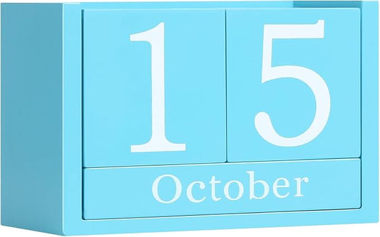 Wooden Block Calendar for Desk, Large Size Daily Desktop Perpetual Desk Calendar, Cute Date Display Desk Accessories for Home Office Decor, Teacher, Classroom, Reusable Yearly, Blue