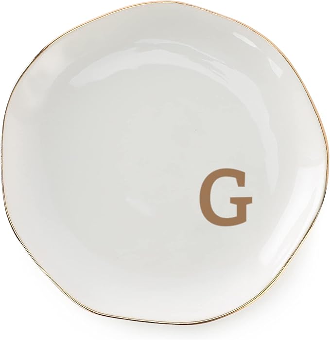 Initials Ring Dish Jewery Tray with Personalized G-Monogrammed Gifts Wedding Engagement for Women Friends sister,Ceramic White