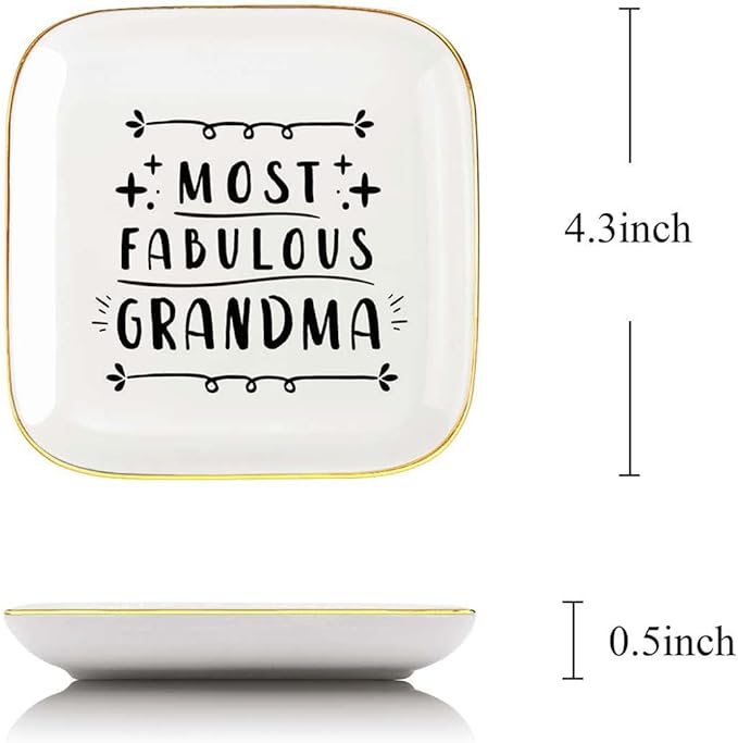 Littlefa Fabulous Grandma Quote Ceramic Ring Dish Decorative Plate Jewelry Trinket Tray - Unique Meaningful Gift for Grandma, Mother's Day, Birthday, Christmas