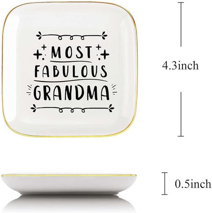 Littlefa Fabulous Grandma Quote Ceramic Ring Dish Decorative Plate Jewelry Trinket Tray - Unique Meaningful Gift for Grandma, Mother's Day, Birthday, Christmas