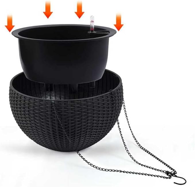 2Pack 13.5" High Hanging Planters for Outdoor/Indoor Plants, Self Watering Hanging Pot with Water Level Indicato, Drainage Holes and Chain for Garden Porch, Black