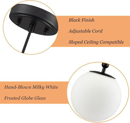 DIRYZON Modern Globe Pendant Lighting for Kitchen Island Black Hanging Ceiling Light Dining Pendant Chandelier Fixture with 7.9 Inches Milky White Frosted Lampshade